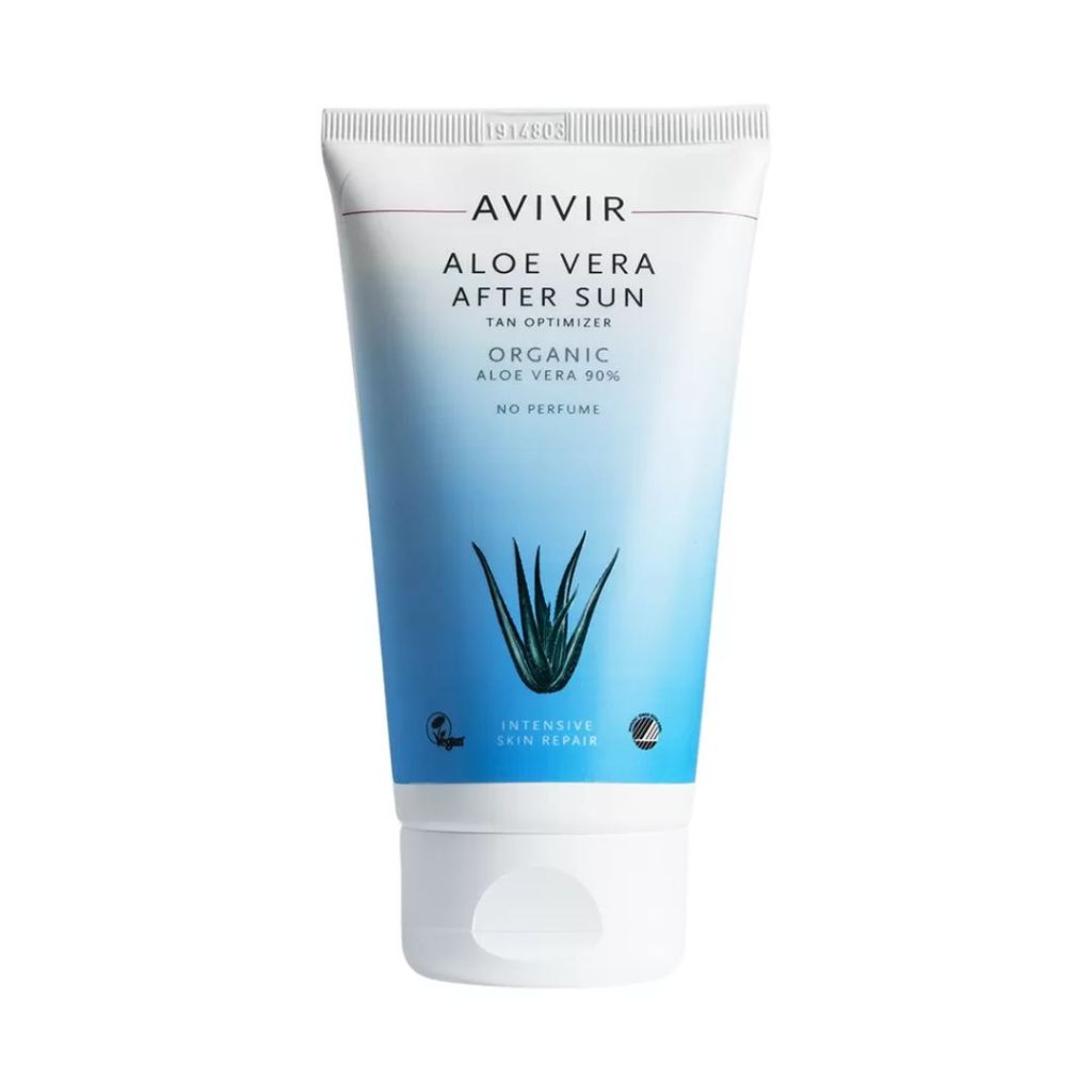Avivir Aloe Vera After Sun i blå og hvid tube med aloe vera-illustration