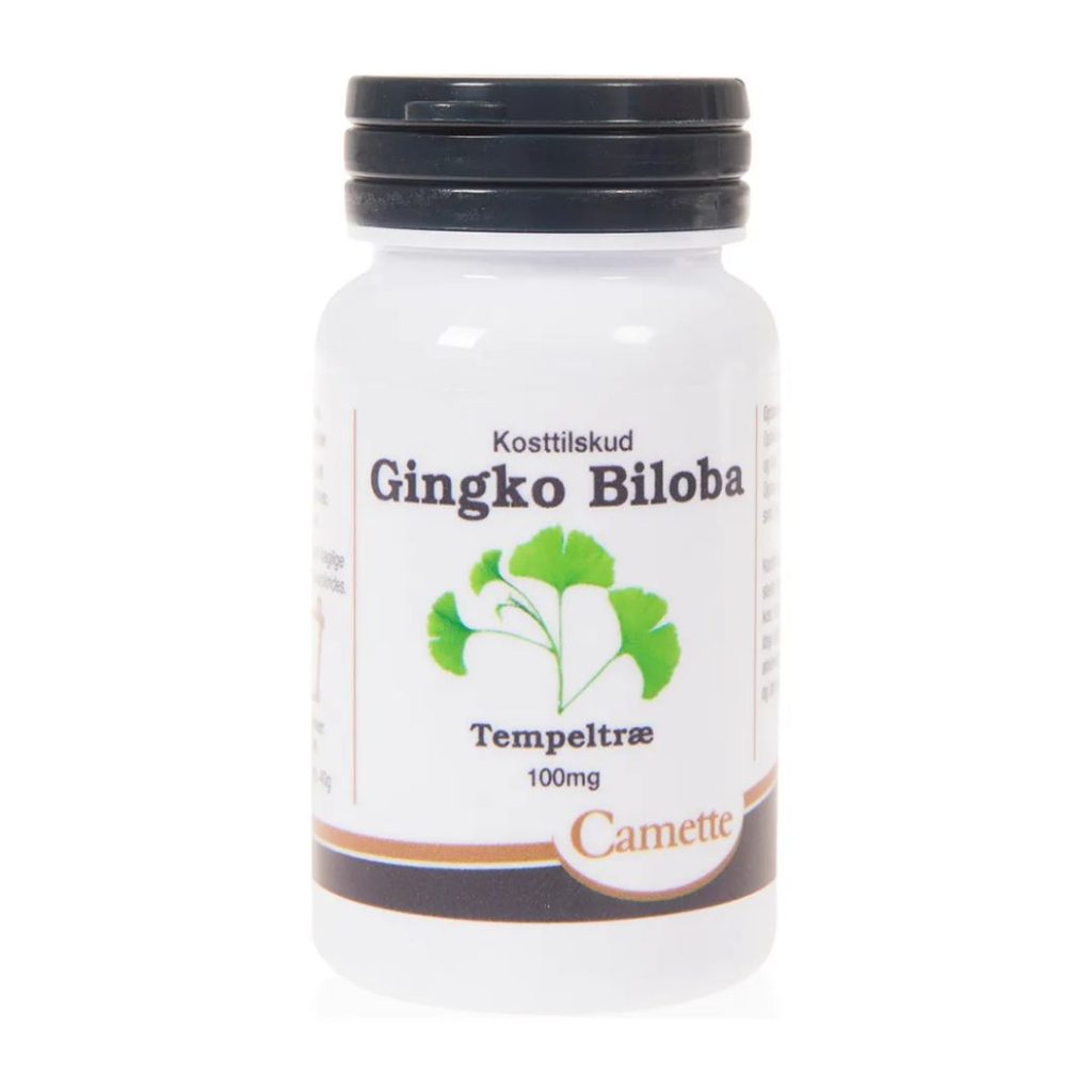 Camette Ginkgo Biloba 100 mg med tempeltræ på etiketten