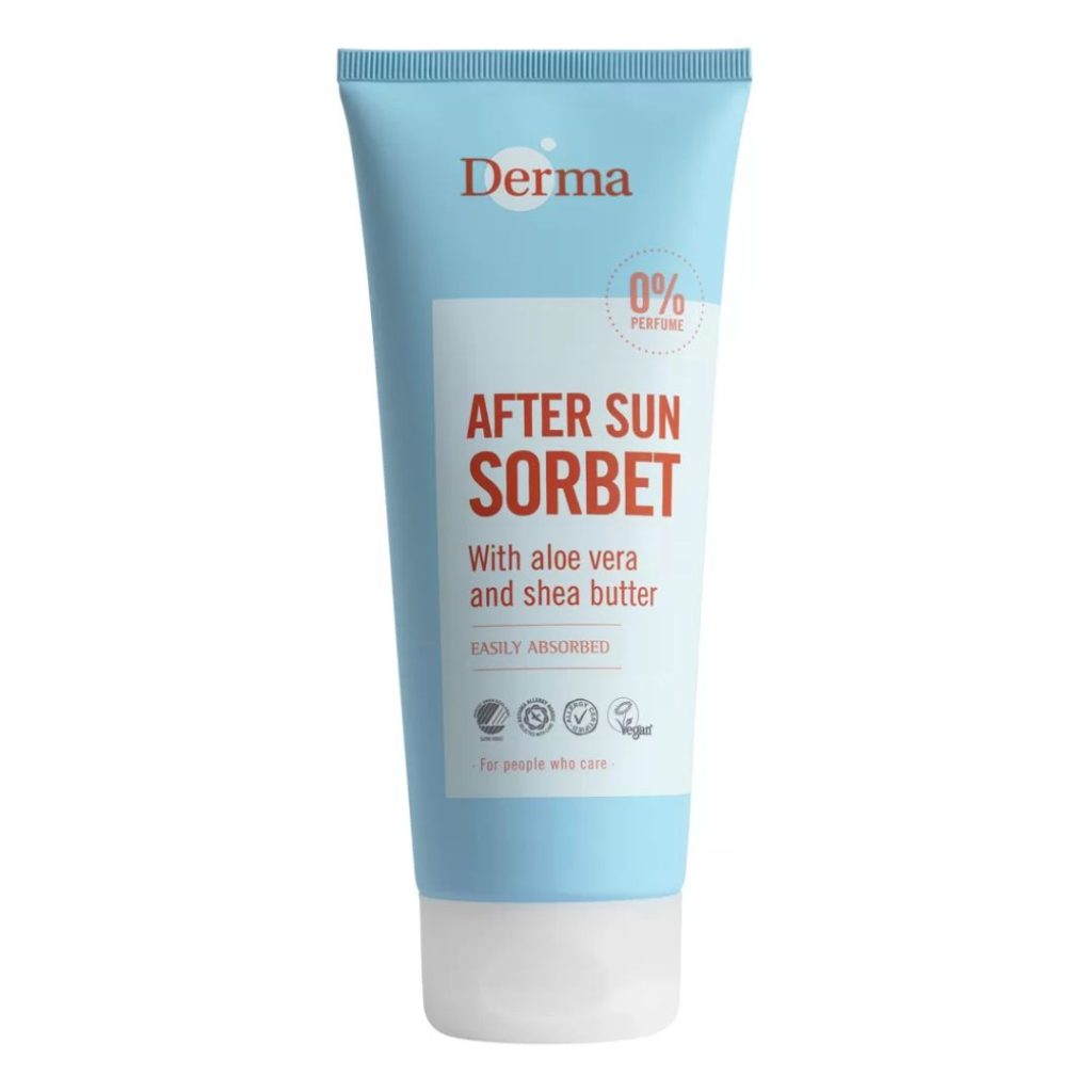 Derma After Sun Sorbet i blå tube med vegansk og allergivenlig mærkning