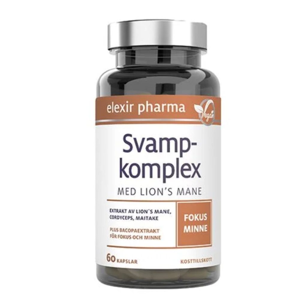 Kosttilskud fra Elexir Pharma med Lion’s Mane, Cordyceps, Maitake og Bacopa-ekstrakt til fokus og hukommelse.