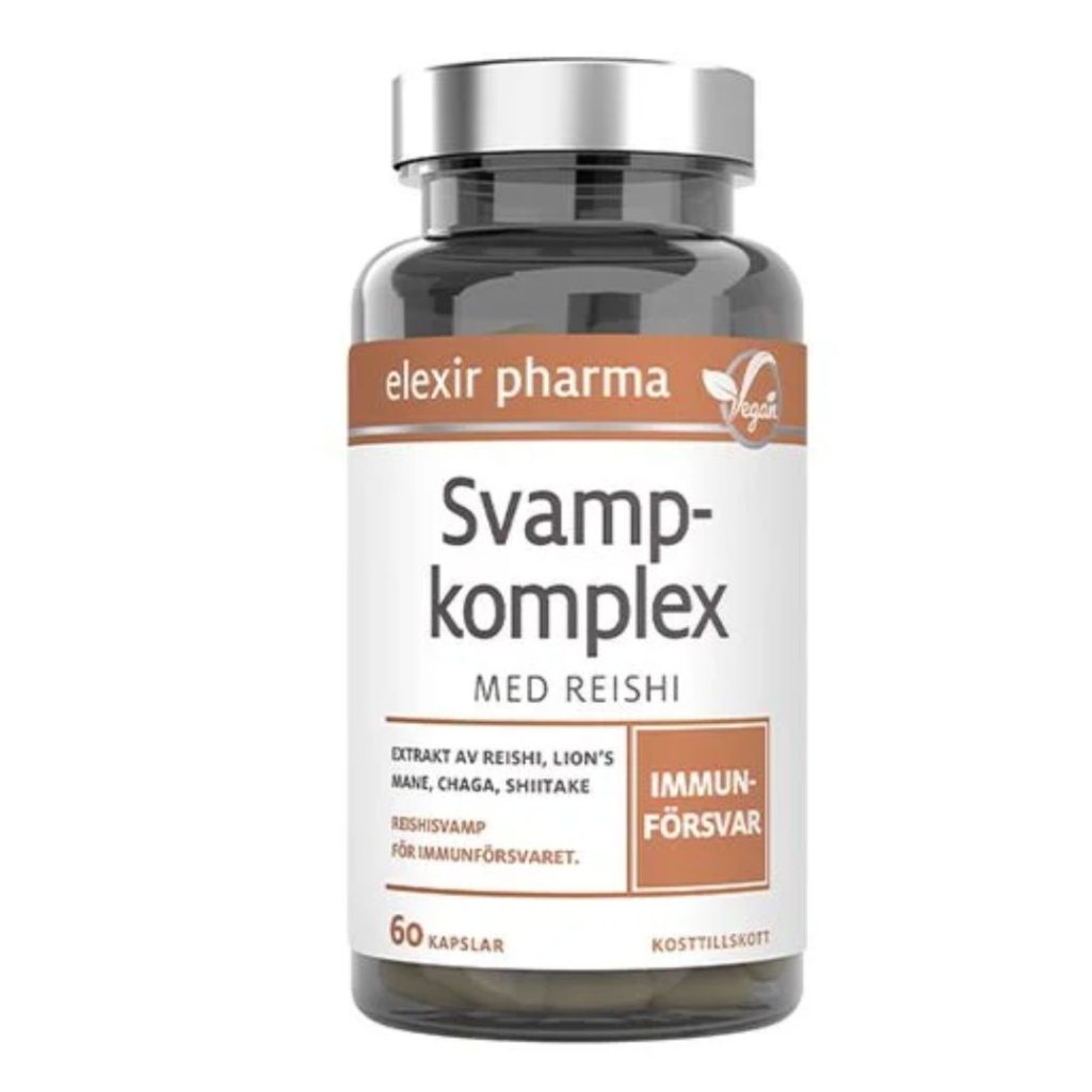 Svampekompleks fra Elexir Pharma med Reishi, Lion’s Mane, Chaga og Shiitake – udviklet til immunforsvar.