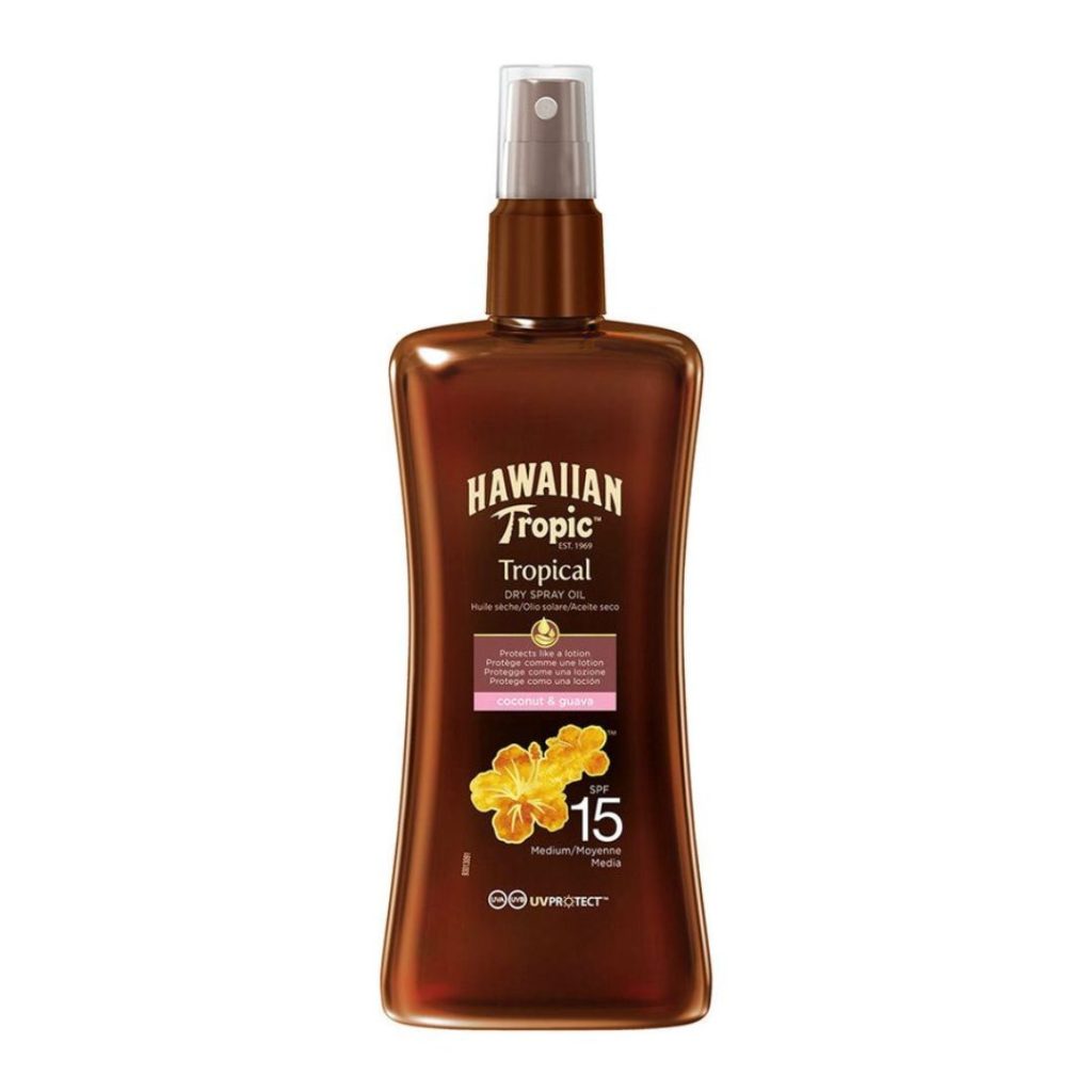 Hawaiian Tropic tør olie med SPF15 i brun sprayflaske.