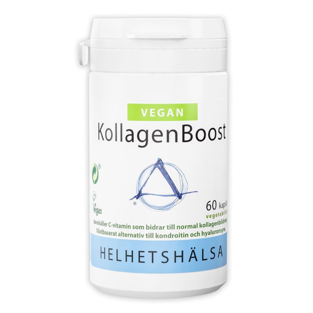 Helhetshälsa KollagenBoost i hvid beholder med grøn label