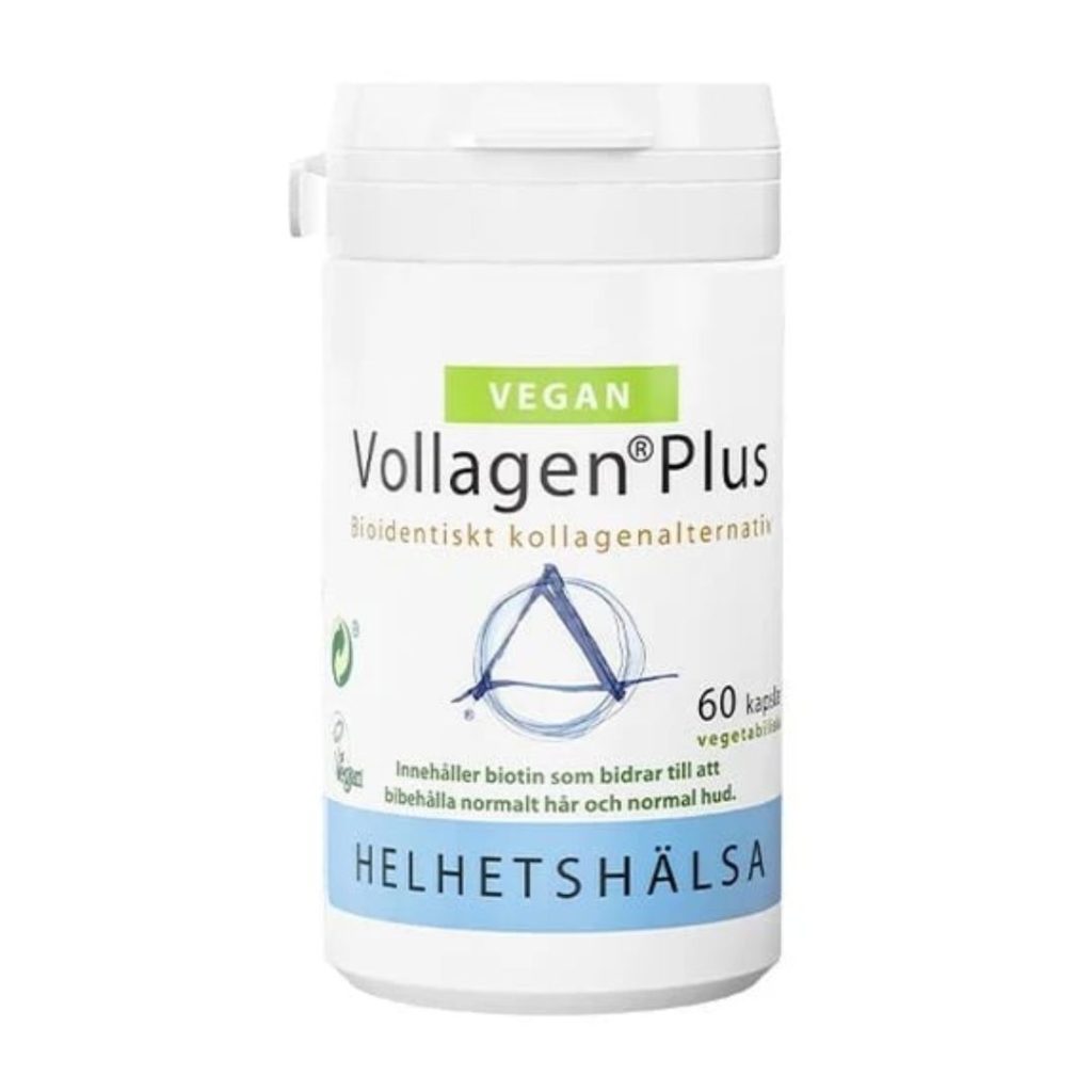 Helhetshälsa Vollagen Plus i hvid beholder med blågrøn label