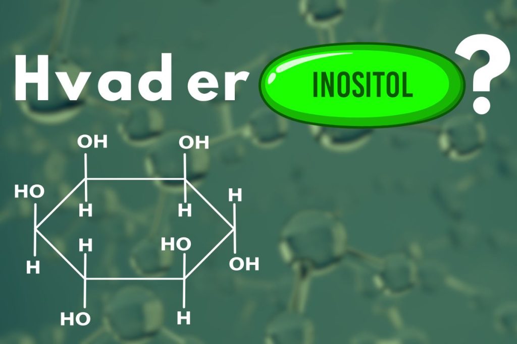 Illustration af molekylestrukturen for inositol med teksten "Hvad er inositol?"