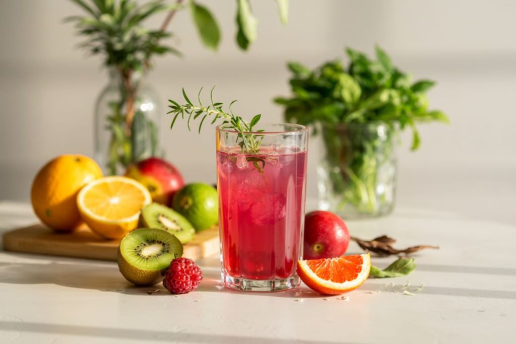Glas med pink drik omgivet af friske frugter