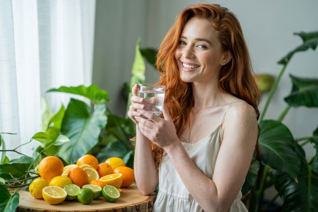 Smilende kvinde med rødt hår holder et glas vand omgivet af citrusfrugter