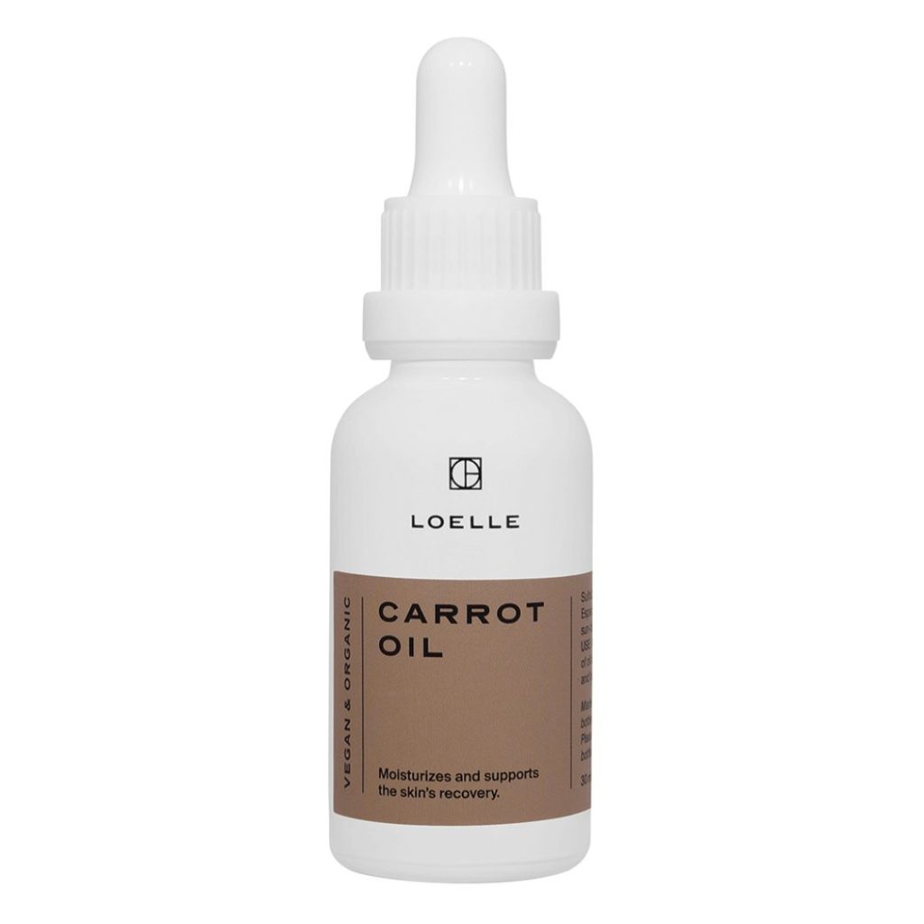 Loelle Carrot Oil i hvid glasflaske med pipette og brun etiket