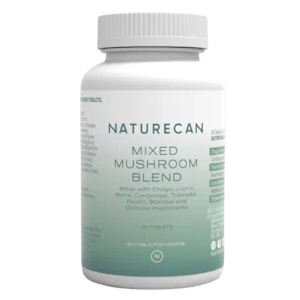 Grøn-hvid flaske med NatureCan Mixed Mushroom Blend – tabletter med syv forskellige svampe.