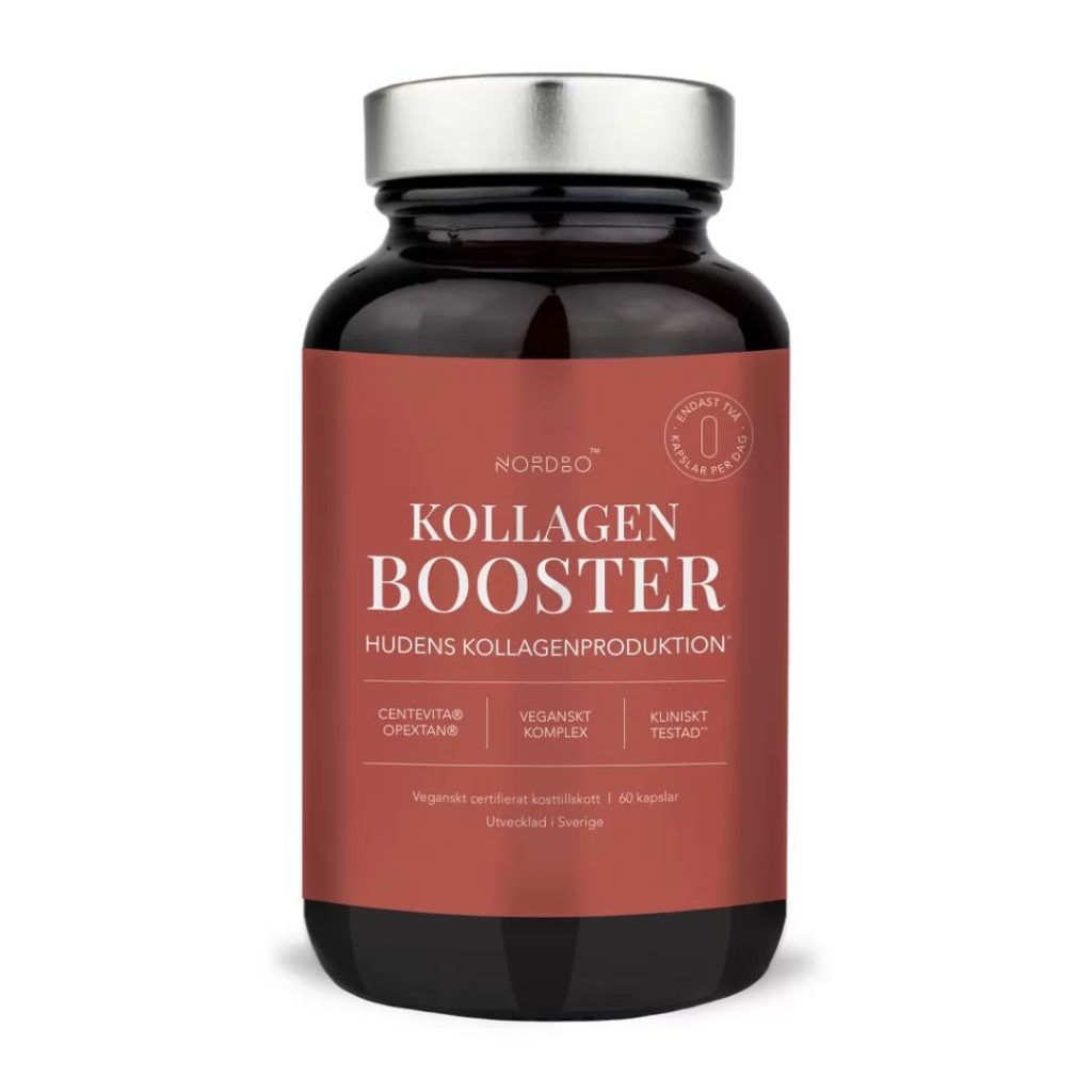 Nordbo Vegan Kollagen Booster i rødbrun beholder med sølvlåg