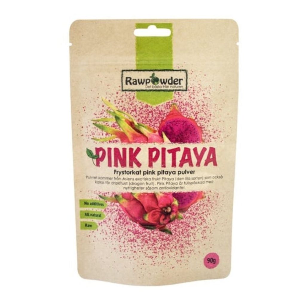 RawPowder Pink Pitaya Pulver i beige og lyserød emballage