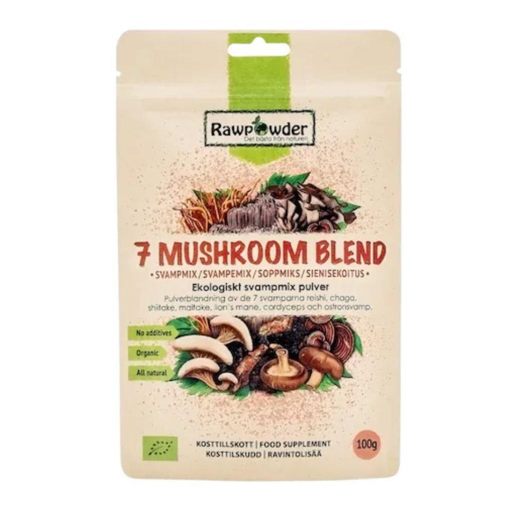 Poseløsning med økologisk svampepulver fra syv forskellige svampe, inkl. lion’s mane og maitake.
