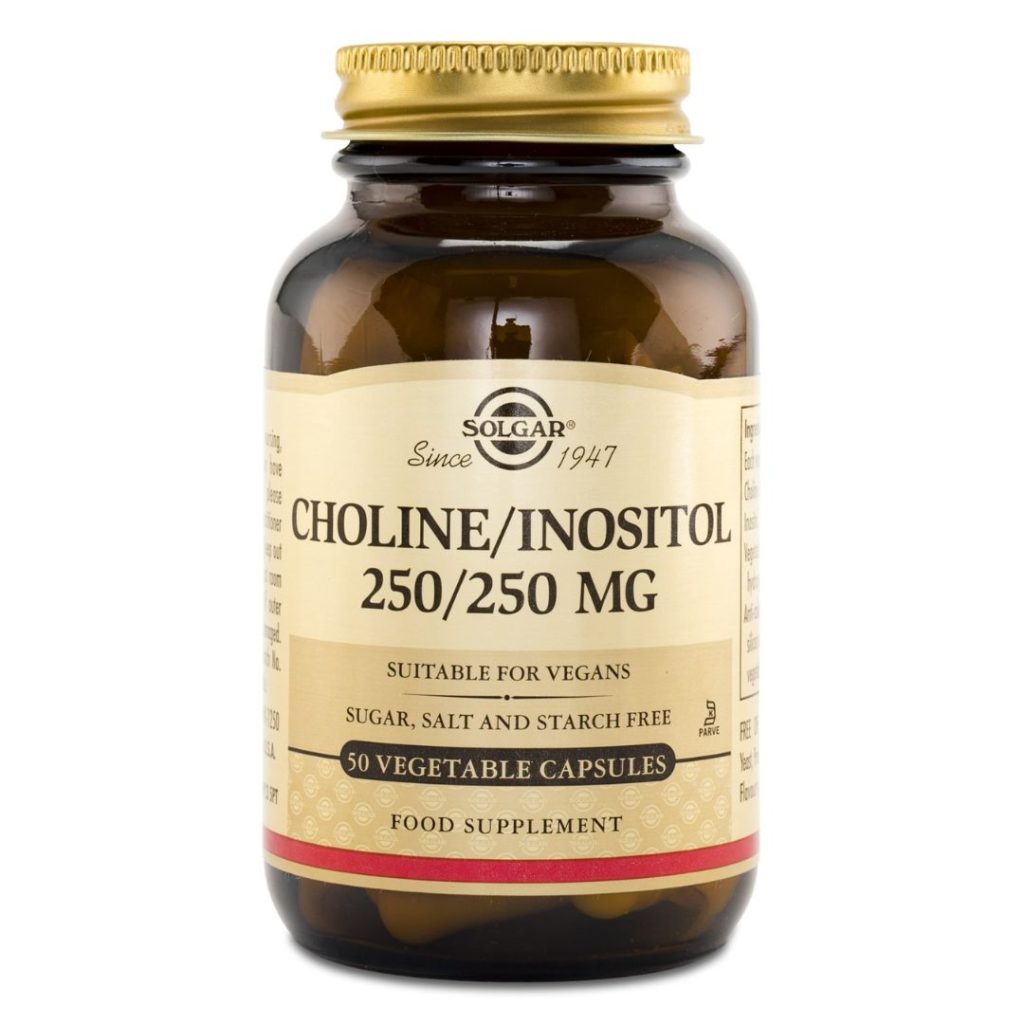 Glas med Solgar Choline/Inositol 250/250 mg, 50 kapsler