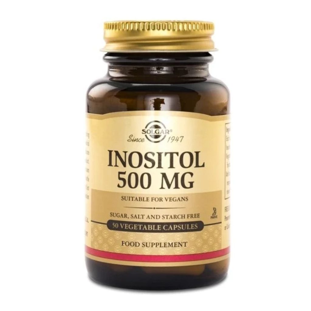 Glas med Solgar Inositol 500 mg, 50 vegetabilske kapsler