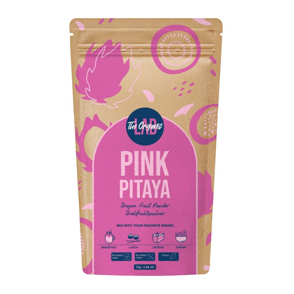 The Organic Lab Pink Pitaya pulver i farverig emballage