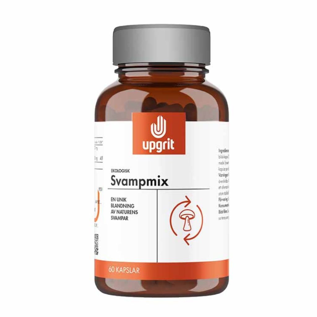 Brun glasflaske med etiketten Upgrit Svampmix – et økologisk kosttilskud i kapsler.