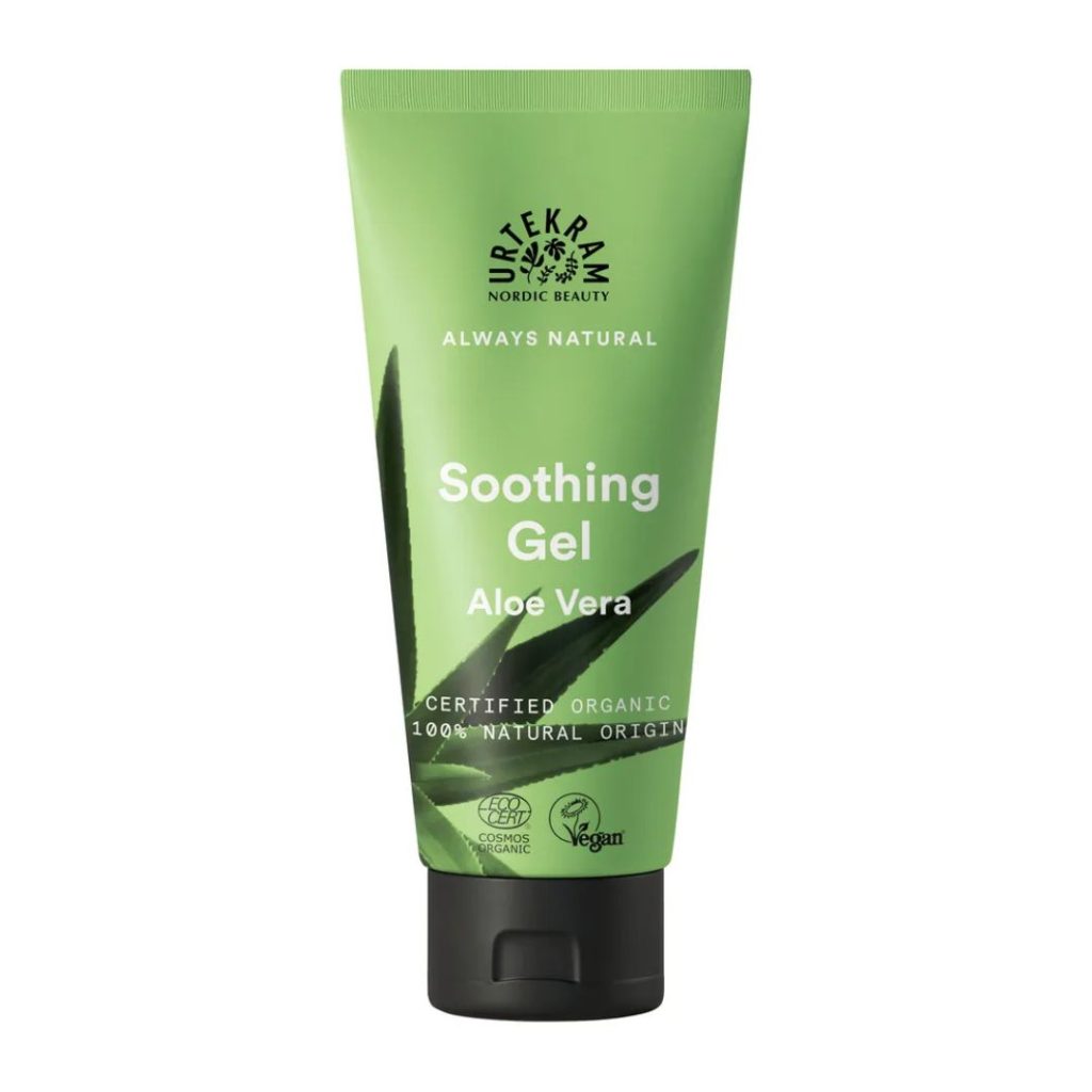 Urtekram Soothing Gel med aloe vera i grøn tube med sorte detaljer