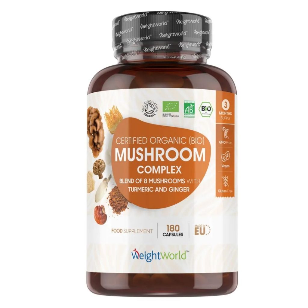 Stor flaske med WeightWorld Mushroom Complex – økologisk kosttilskud med 8 svampe, gurkemeje og ingefær.