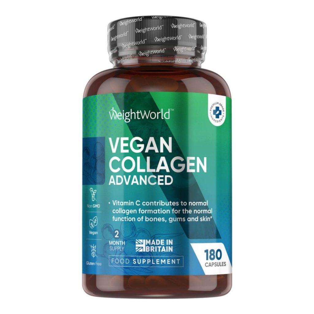 WeightWorld Vegan Collagen i grøn og blå beholder med 180 kapsler