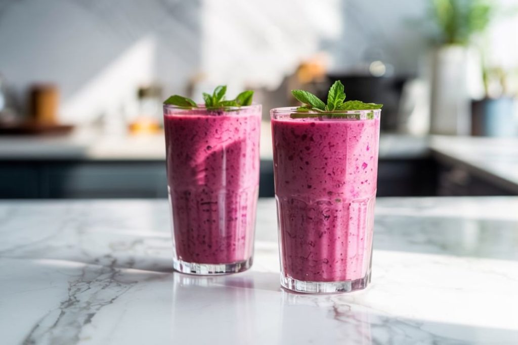 To glas med lyserød smoothie lavet af pink pitaya